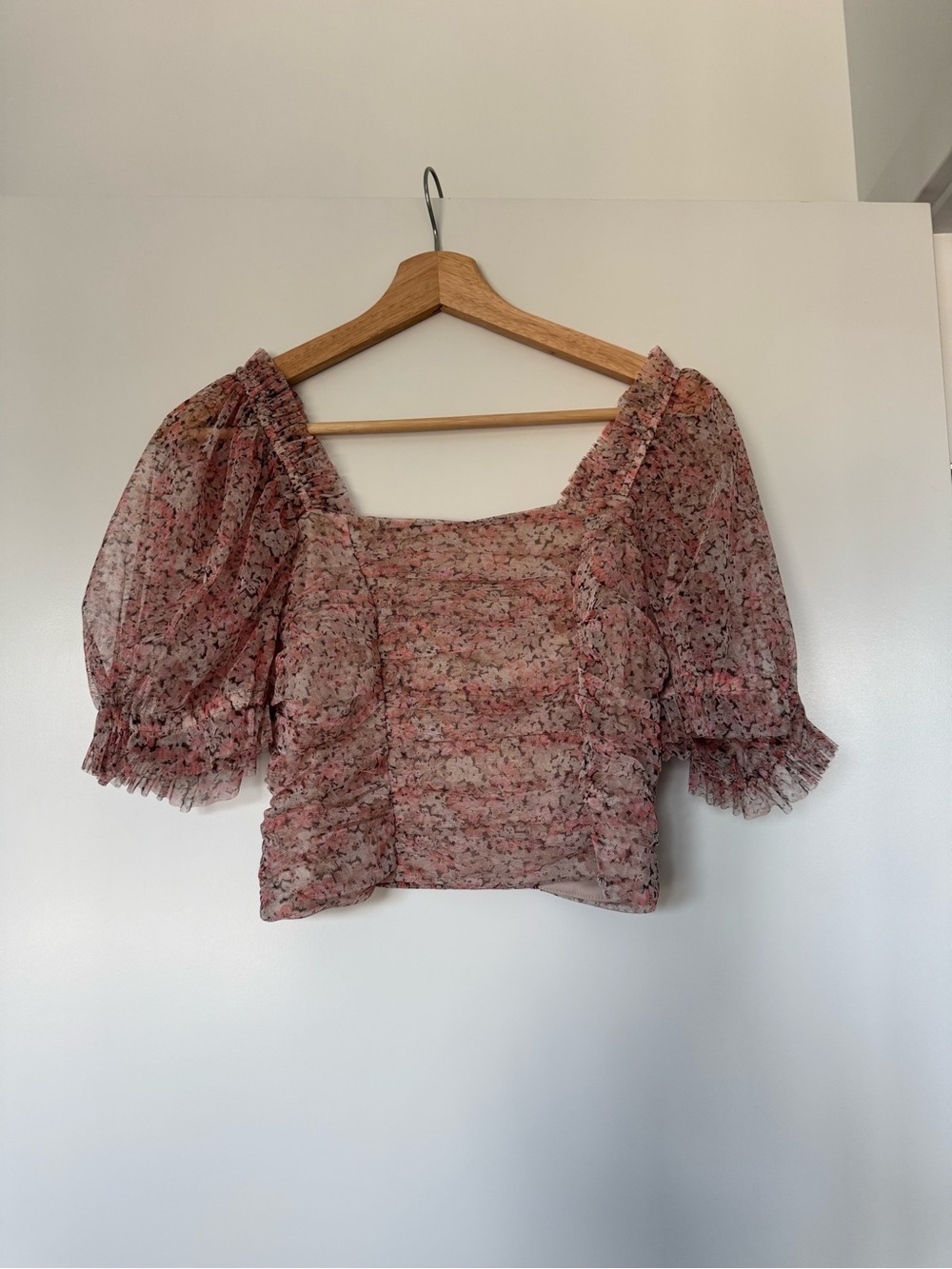 H&M Pink Sheer Floral Square-Neck Puff Sleeve Top